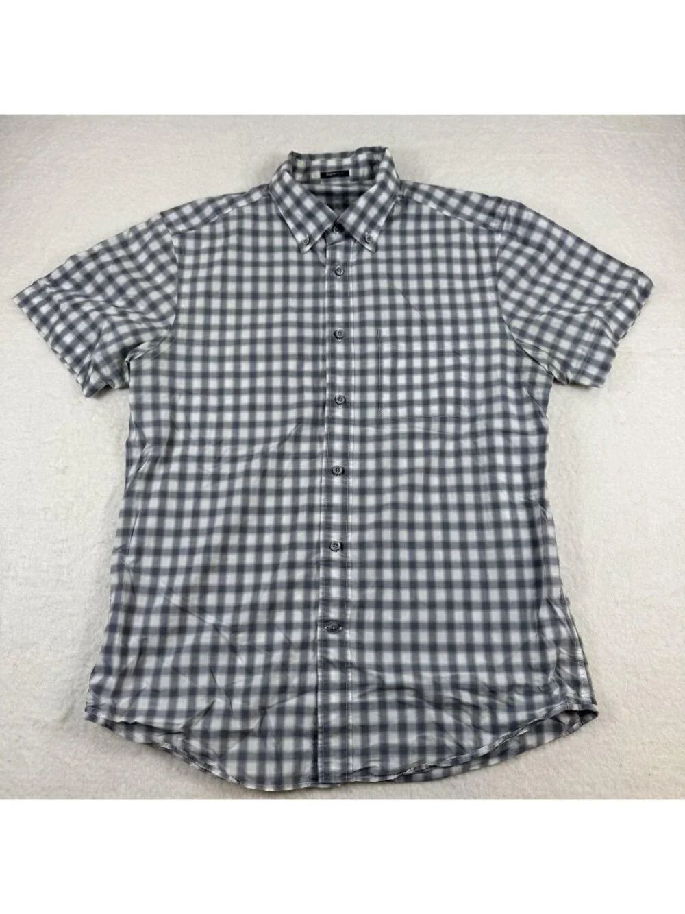Zegna Sport Shirt Mens Size L Gray Check Short Sleeve Button Up Cotton Casual